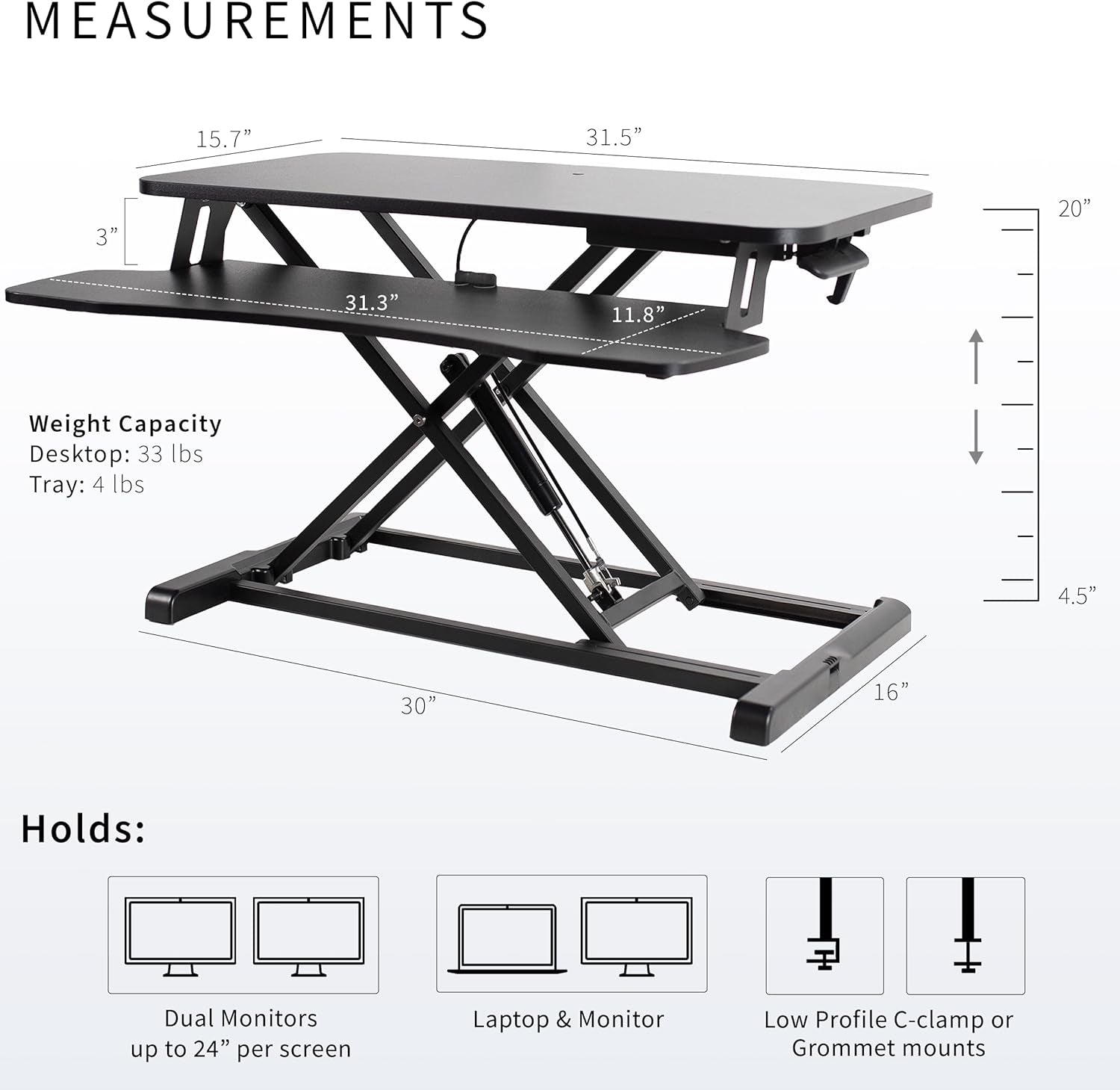 32 Inch Desk Converter, K Series, Height Adjustable Sit to Stand Riser, Dual Monitor and Laptop Workstation with Wide Keyboard Tray, Black, DESK-V000K