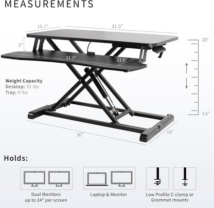 32 Inch Desk Converter, K Series, Height Adjustable Sit to Stand Riser, Dual Monitor and Laptop Workstation with Wide Keyboard Tray, Black, DESK-V000K