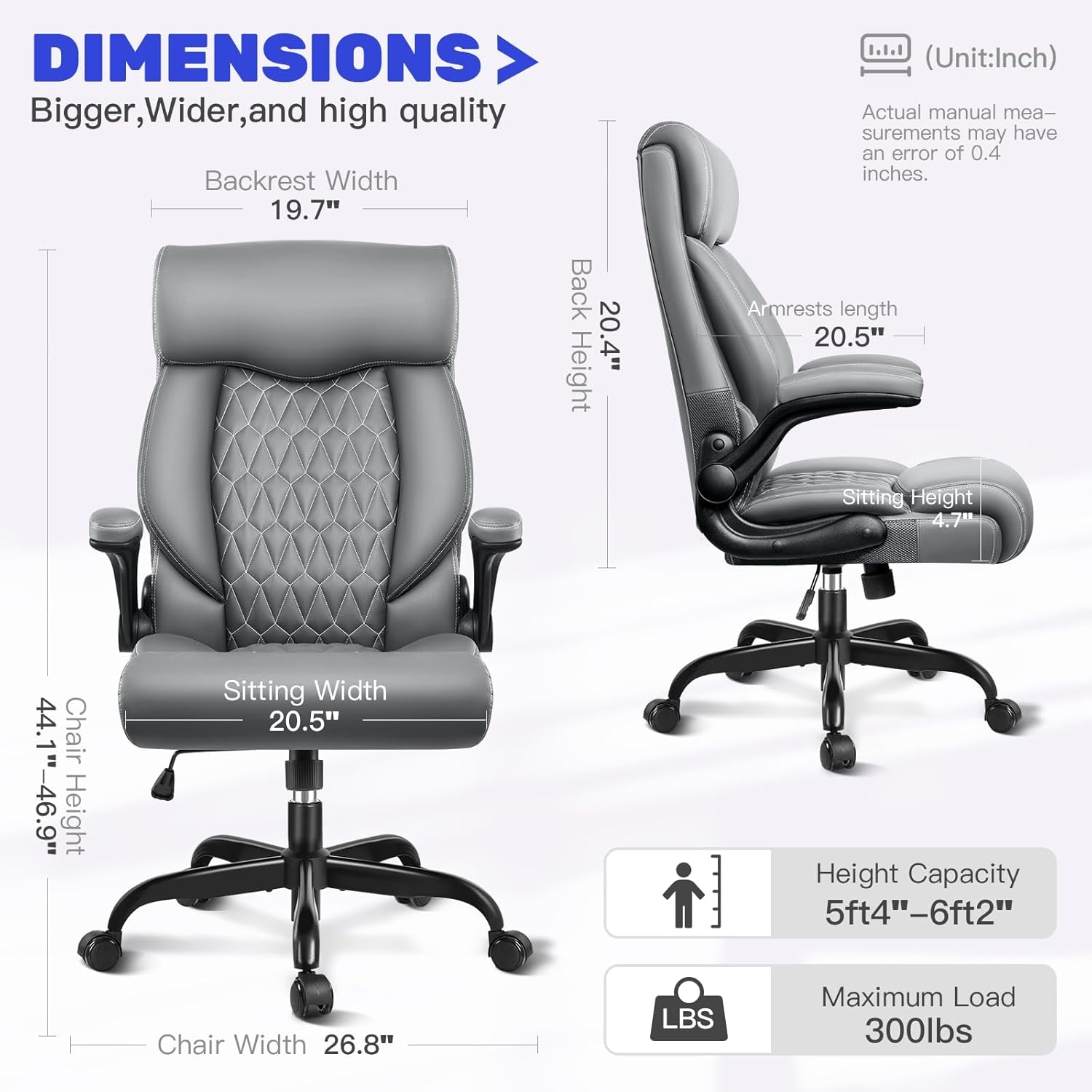 High Back Executive Ergonomic Computer Desk Chair with Rocking Function, Leather Managerial Office Chair with Adjustable Flip-Up Armrests and Lumbar Support