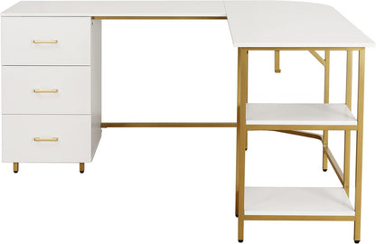 L Shaped Desk - Two-Toned Computer Desk with Drawers & Storage Shelves - Simple Modern Furniture & Home Office Space Corner Table for Work & Writing