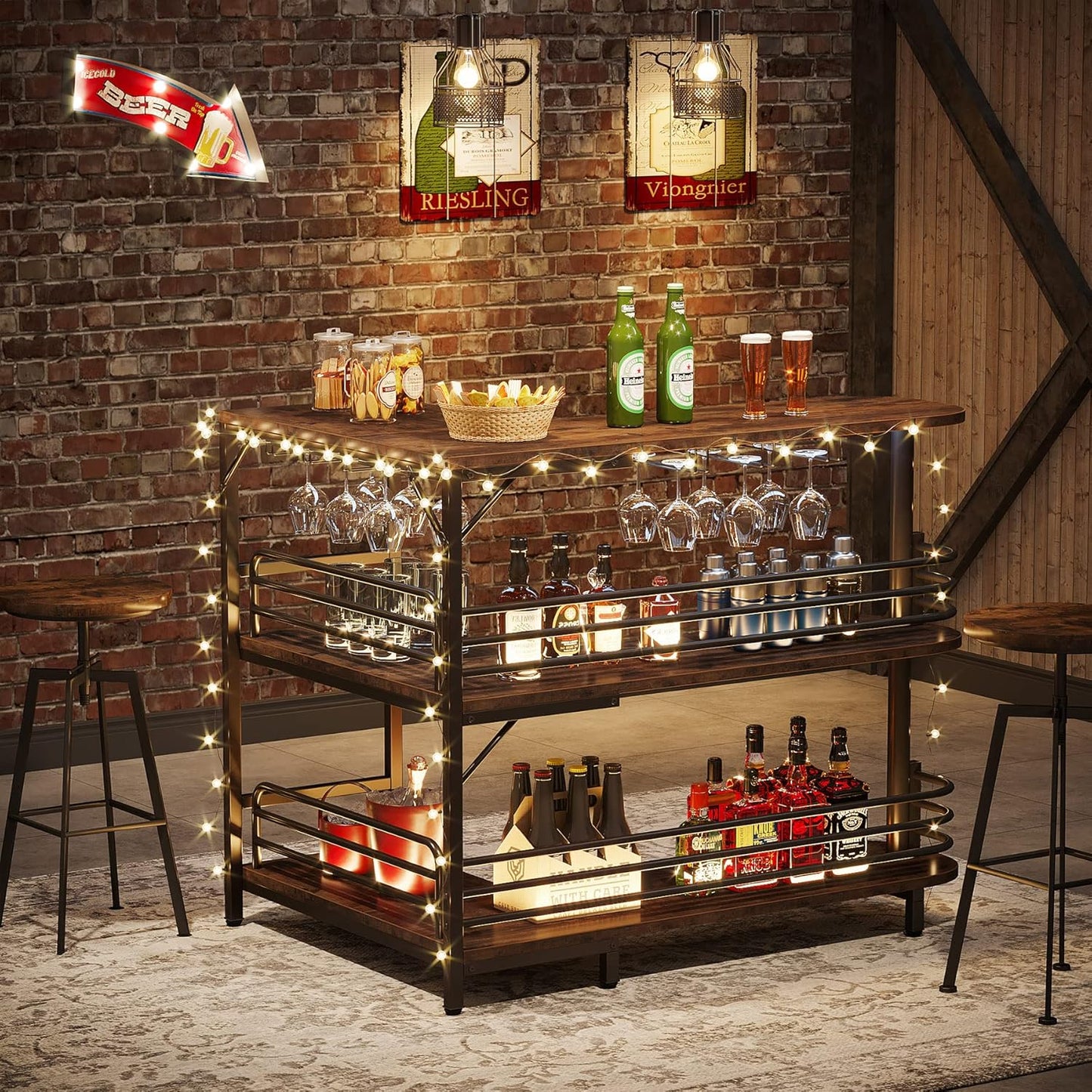 L-Shaped Home Bar Unit, 3 Tier Liquor Table with Storage Shelves and Wine Glasses Holder, Industrial Corner Wine Cabinet Mini Bar for Home Kitchen Pub, Rustic Brown