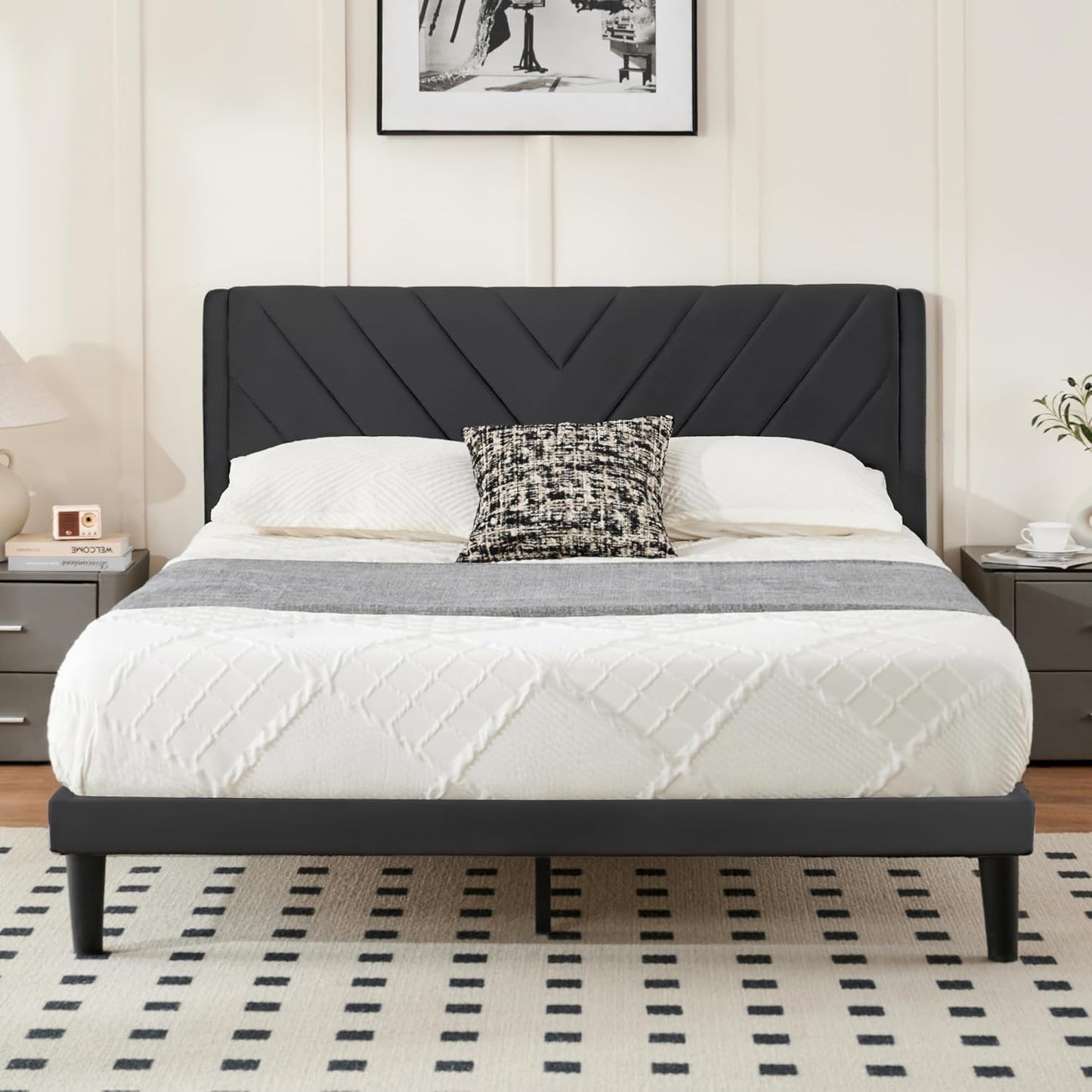 Queen Bed Frame with Headboard, Bed Frame Queen Size with Sturdy Wooden Slats Support, Platform Bed Frame with Velvet Upholstered Headboard, Mattress Foundation, Easy Assembly, No Box Spring Needed