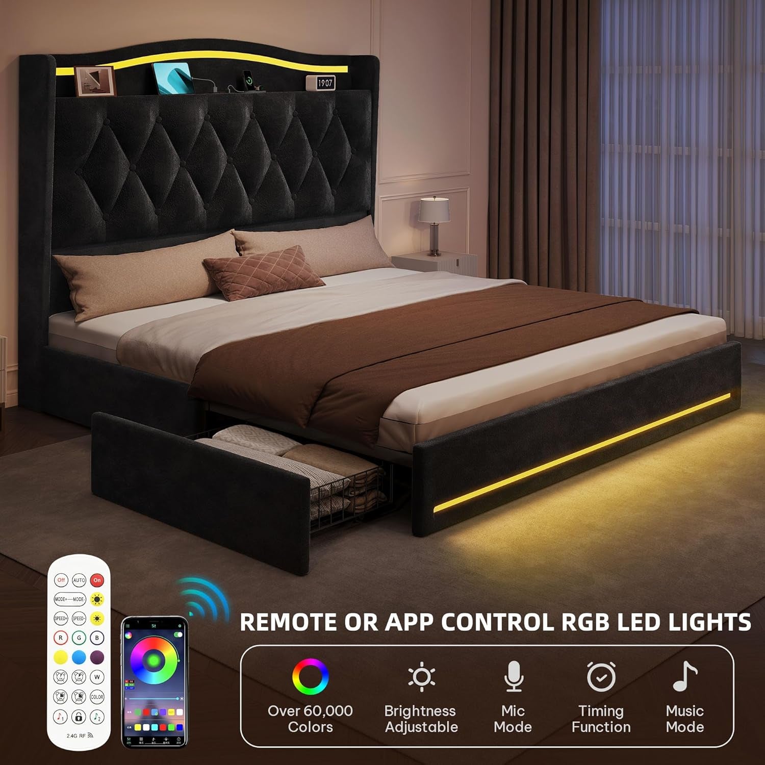 Queen Size Bed Frame with 4 Storage Drawers and RGB LED Lights, 57'' Tall Headboard Velvet Upholstered Bed with Charging Station, No Box Spring Needed, Easy Assembly, Noise-Free, Black