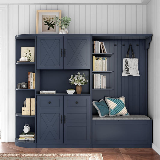 Hall Tree with Storage Cabinet, Hall Tree with 4 Hooks, Storage Cabinet for Living Room, Hallway, Enterway, Antique Blue