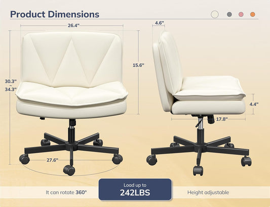 Criss Cross Chair with Wheels,Cross Legged Office Chair with 2 Layer Comfty Leather & Back,Armless Wide Vanity Chair for Home Office,Beige