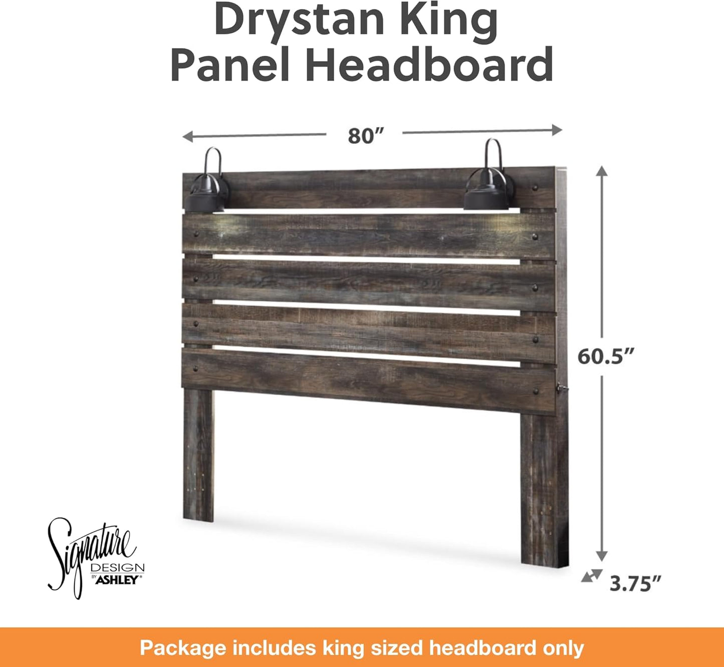 Drystan Rustic Panel Headboard ONLY with USB Charging Stations, King, Brown