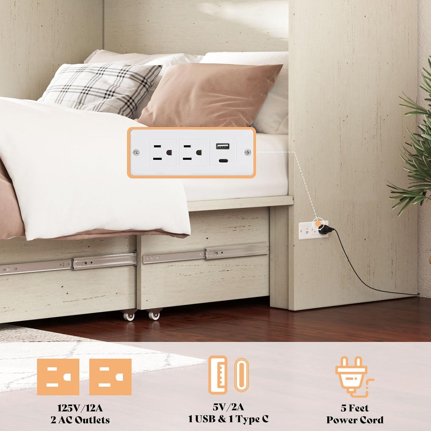 Queen Murphy Bed with Storage & Charging Station, Farmhouse Murphy Cabinet with Foldable Panel, Noisy Free, for Guest Bedroom, Living Room, Office, Distressed White