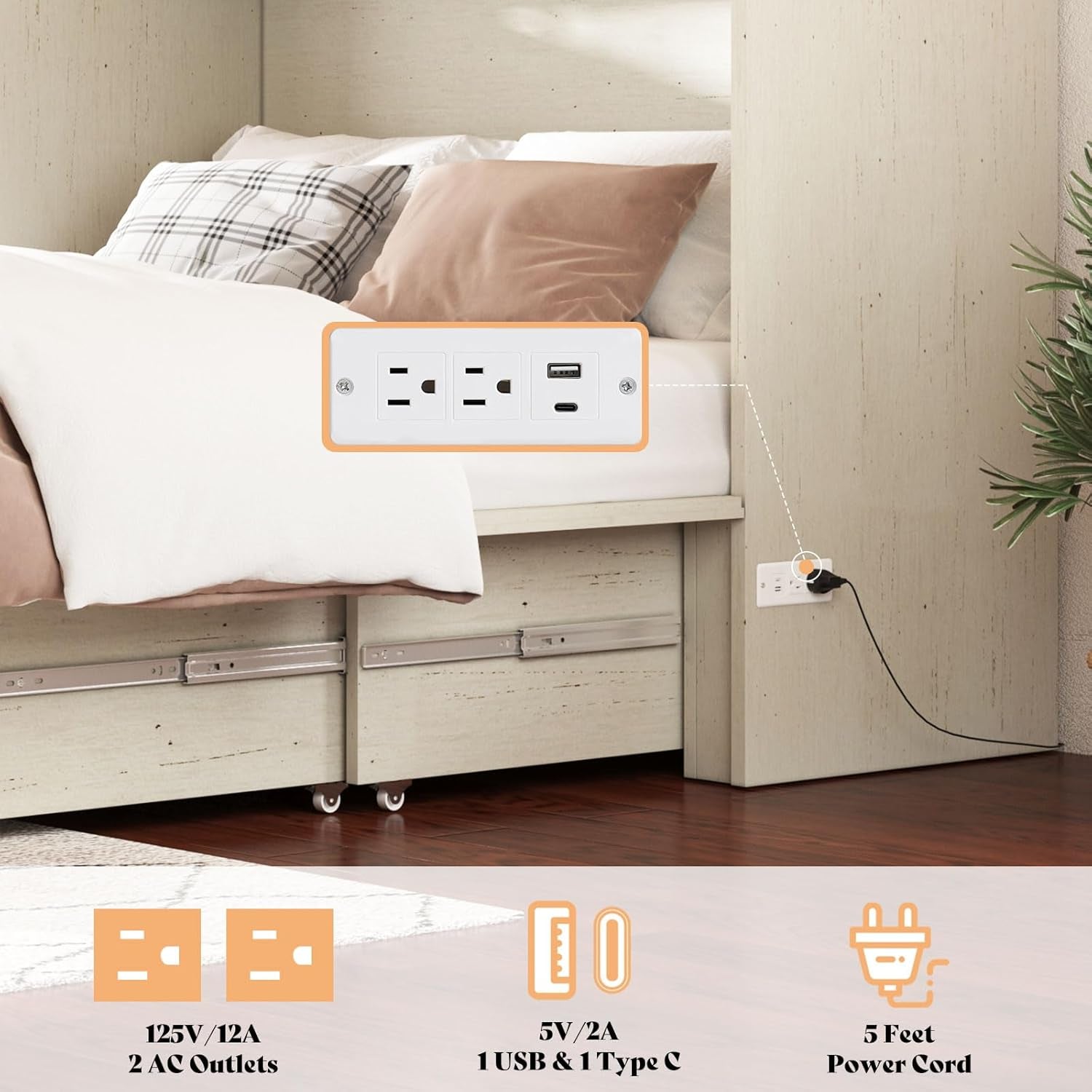 Queen Murphy Bed with Storage & Charging Station, Farmhouse Murphy Cabinet with Foldable Panel, Noisy Free, for Guest Bedroom, Living Room, Office, Distressed White