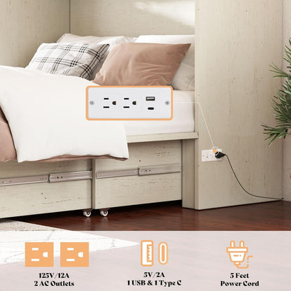 Queen Murphy Bed with Storage & Charging Station, Farmhouse Murphy Cabinet with Foldable Panel, Noisy Free, for Guest Bedroom, Living Room, Office, Distressed White