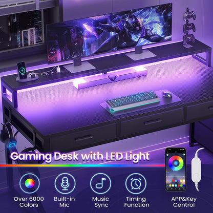 55" Gaming Desk with 6 Drawers, Corner Gaming Desk with Storage & LED Lights, Reversible PC Desk with Power Outlet, Corner Computer Desk with Hutch, Monitor Stand, Side Hook, Carbon Fiber Black