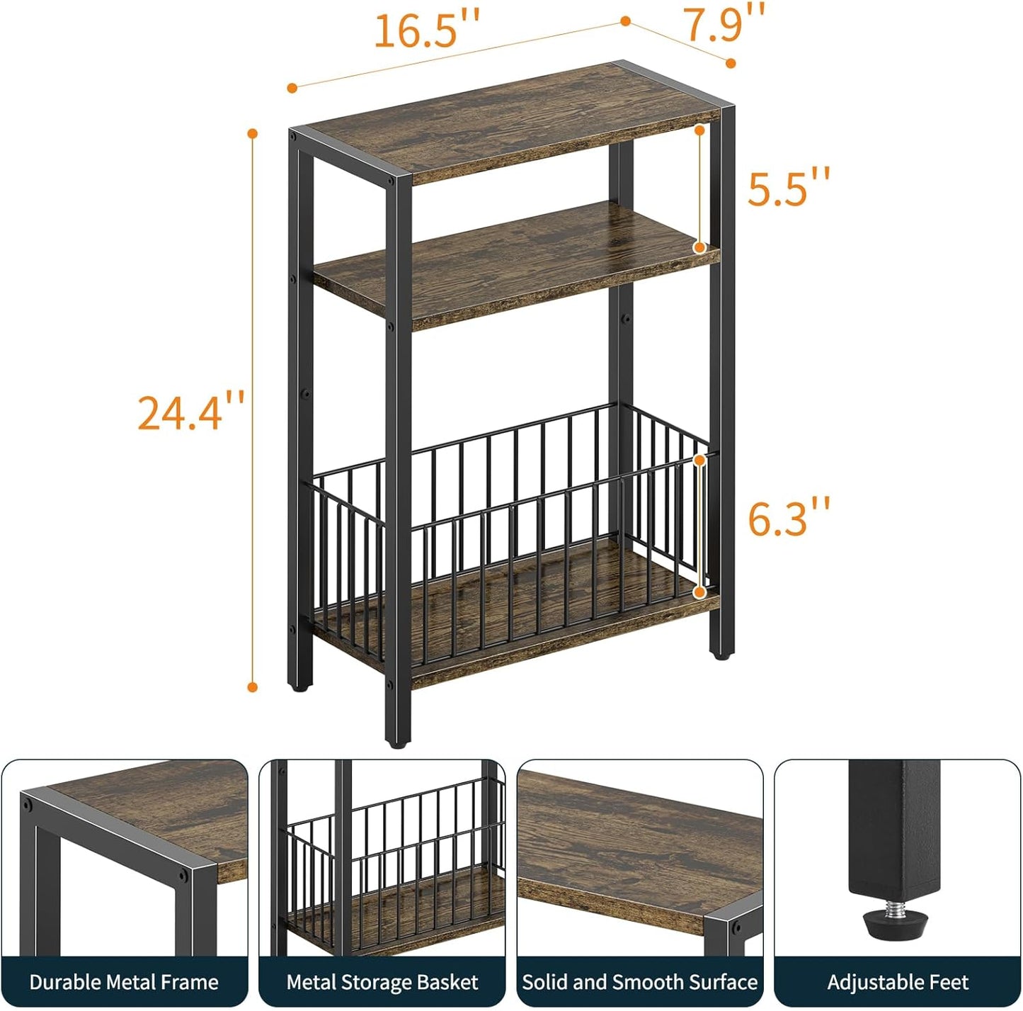 Narrow Side Table with Storage Basket, Small End Table for Small Spaces Skinny Side Tables Living Room Bedroom, Slim Nightstand 3 Tier Bedside Table Space-Saving for Magazine, Rustic Brown