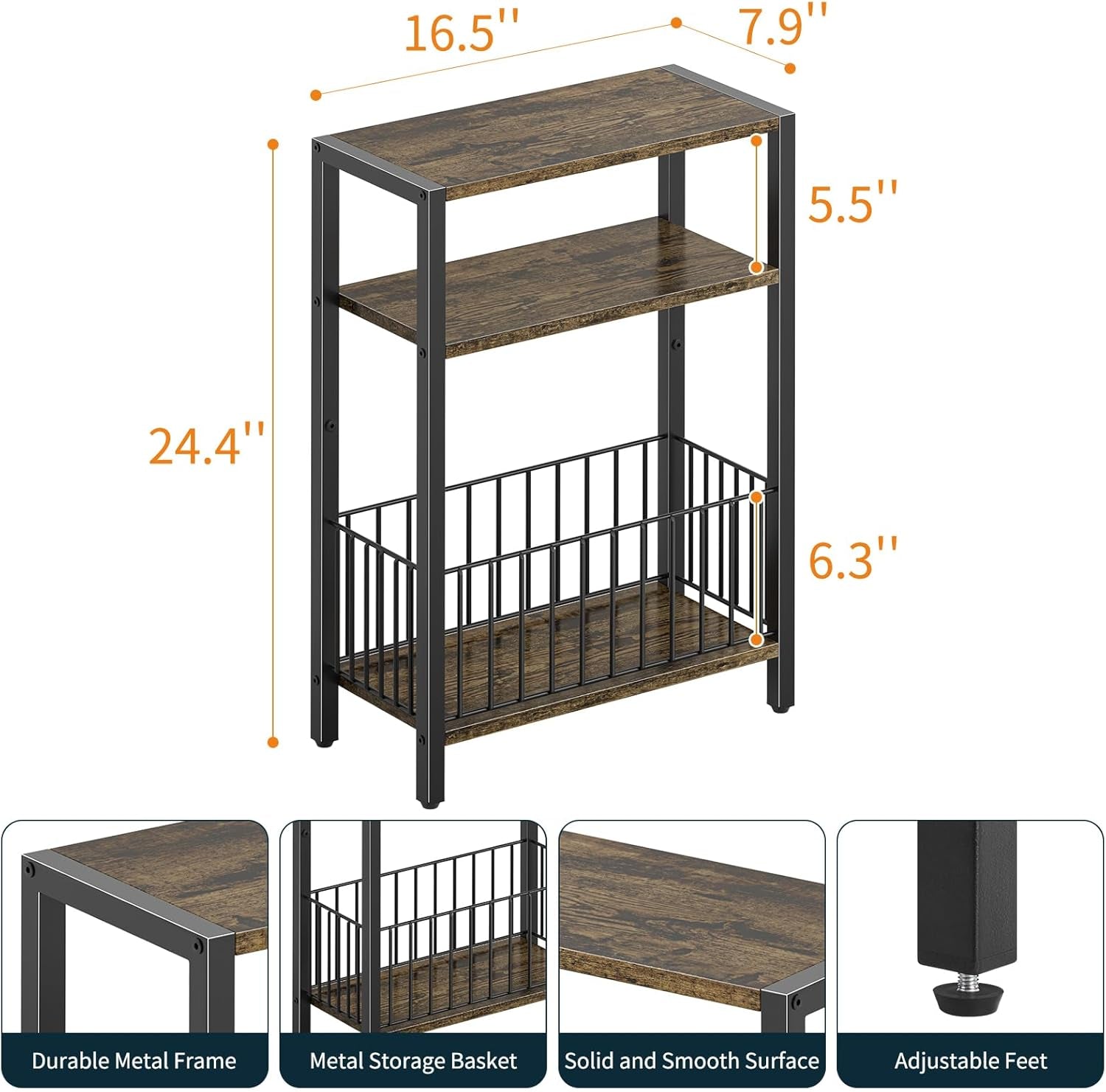 Narrow Side Table with Storage Basket, Small End Table for Small Spaces Skinny Side Tables Living Room Bedroom, Slim Nightstand 3 Tier Bedside Table Space-Saving for Magazine, Rustic Brown