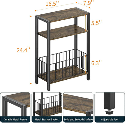 Narrow Side Table with Storage Basket, Small End Table for Small Spaces Skinny Side Tables Living Room Bedroom, Slim Nightstand 3 Tier Bedside Table Space-Saving for Magazine, Rustic Brown
