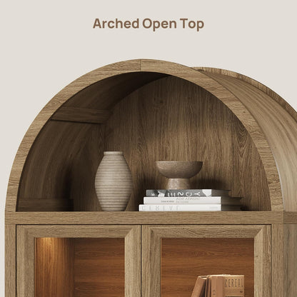 74" Display Cabinet with Glass Doors - Modern 5-Tier Arched Bookcase with Rechargeable 3-Color LED Lights & Motion Sensor, Large Pantry Cabinet for Kitchen, Living Room, Home Office, Brown Oak