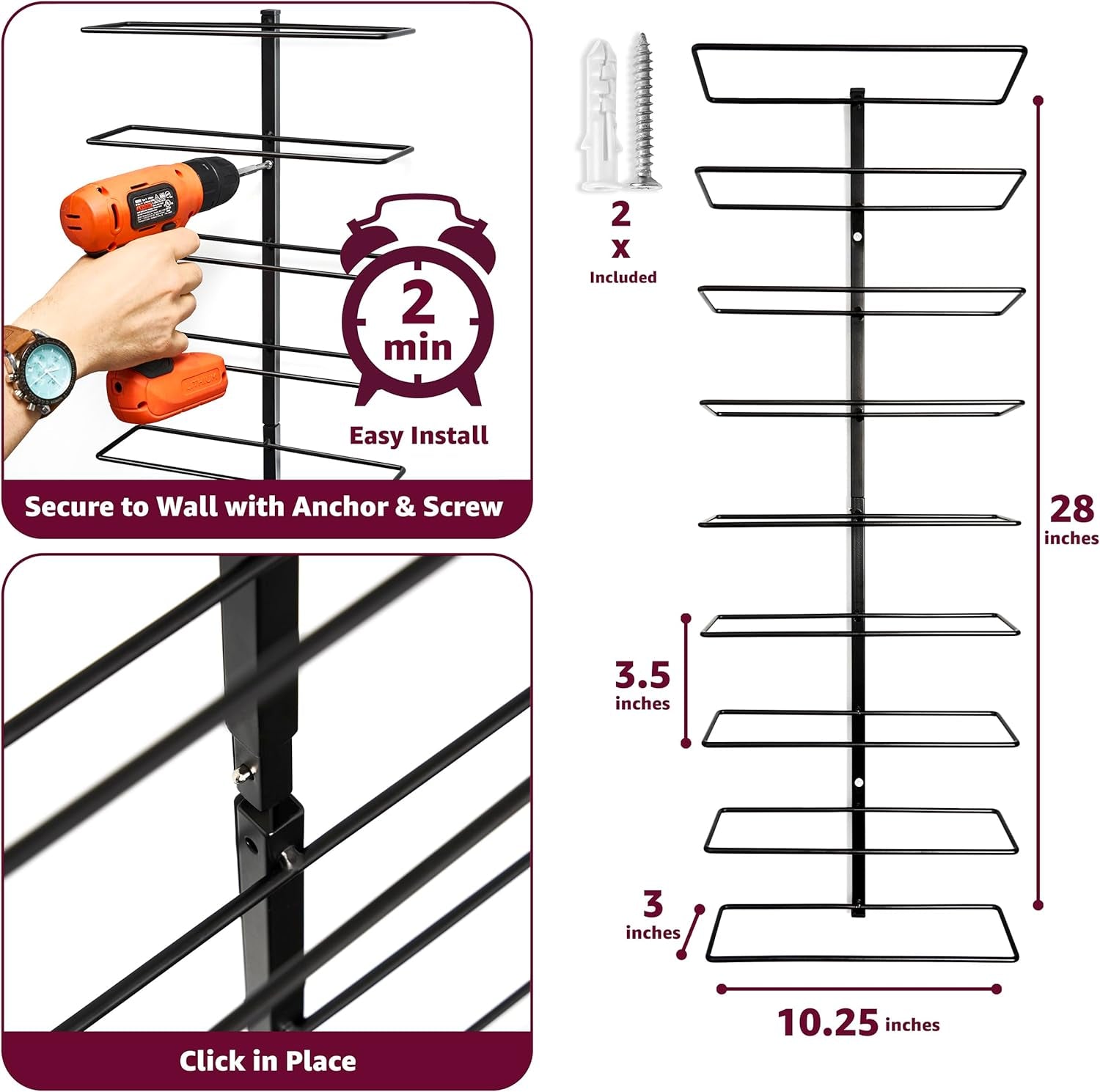 Wall Mount Wine Rack – Holds 9 Bottles – Black Metal Wine Bottle Holder for Wall, Modern Wine Rack for Home Bar, Kitchen