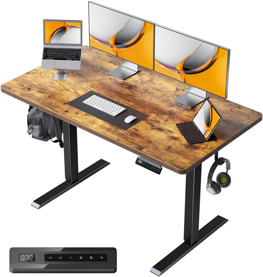40 X 24 Small One-Piece Standing Desk, Adjustable Height Electric Computer Home Office Sit Stand up Workstation, with 4 Memory Presets, Headphone Hook, Rustic Brown