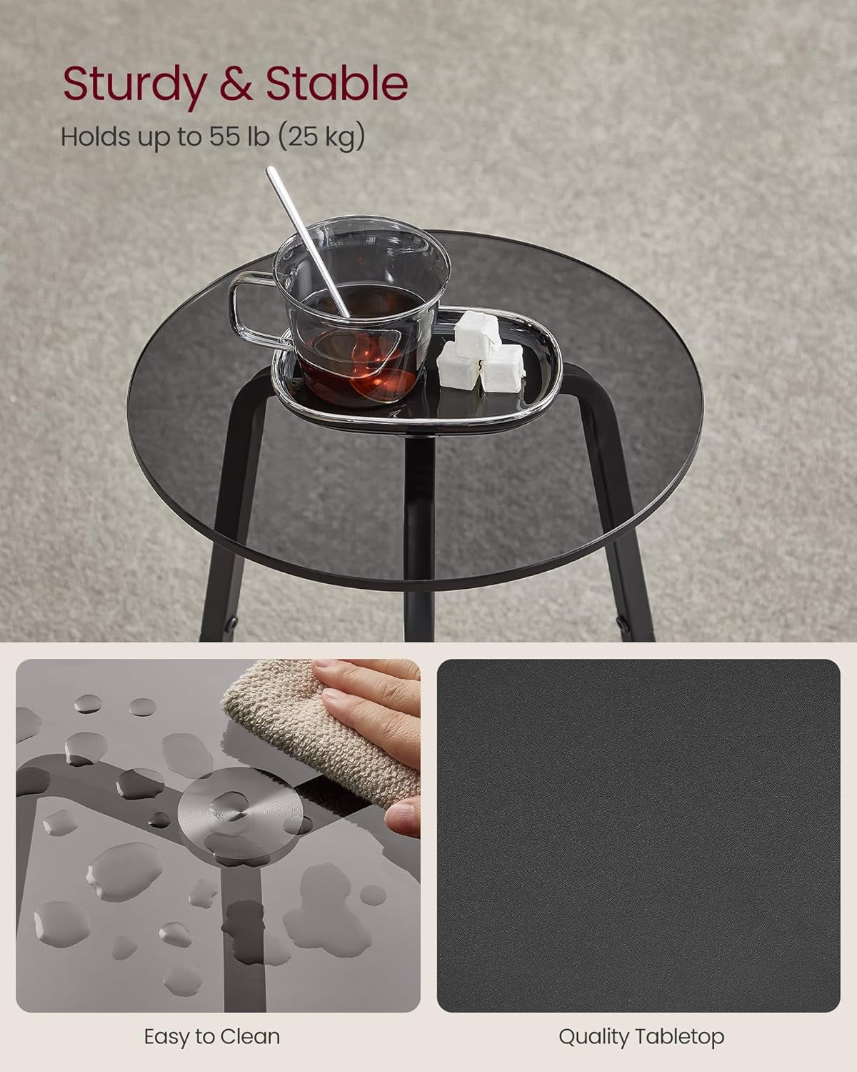 round Side Table, 2-Tier Nightstand, End Table with Glass Top and Particleboard Shelf, Cocktail Table, for Living Room, Bedroom, Small Spaces, Modern Style, Slate Gray ULET287B16