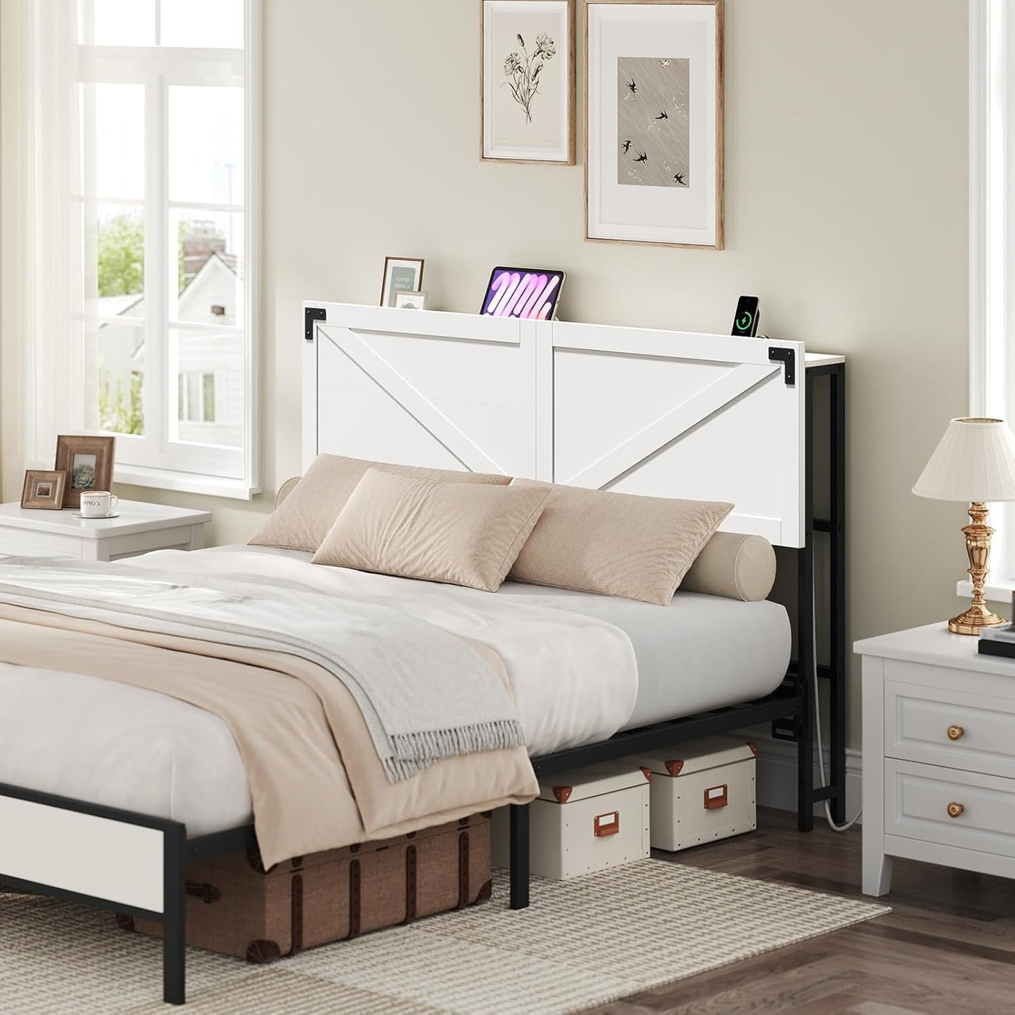 Queen Size Headboard Only, Headboard with 2 Outlets and 2 USB Ports, Farmhouse Headboard, with LED Lights, Secure Storage with Raised Fence, with Bed Frame Adapter, White and Black