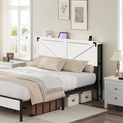 Queen Size Headboard Only, Headboard with 2 Outlets and 2 USB Ports, Farmhouse Headboard, with LED Lights, Secure Storage with Raised Fence, with Bed Frame Adapter, White and Black