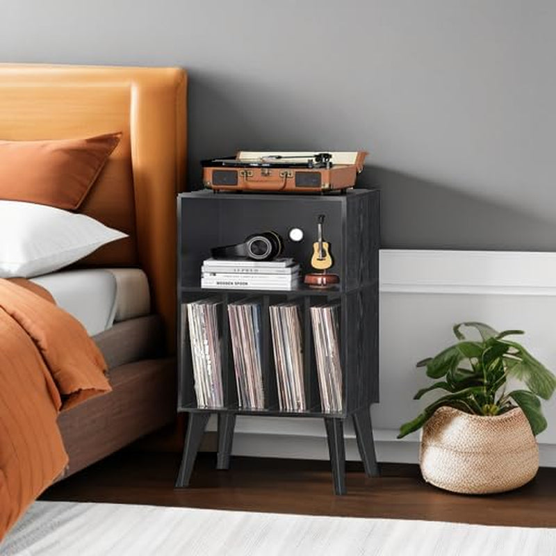 Record Player Stand, Black Turntable Stand Holds up to 160 Albums, Mid-Century Vinyl Storage Cabinet Table with Solid Wood Legs, Record Player Holder Dispaly Shelf for Bedroom Living Room