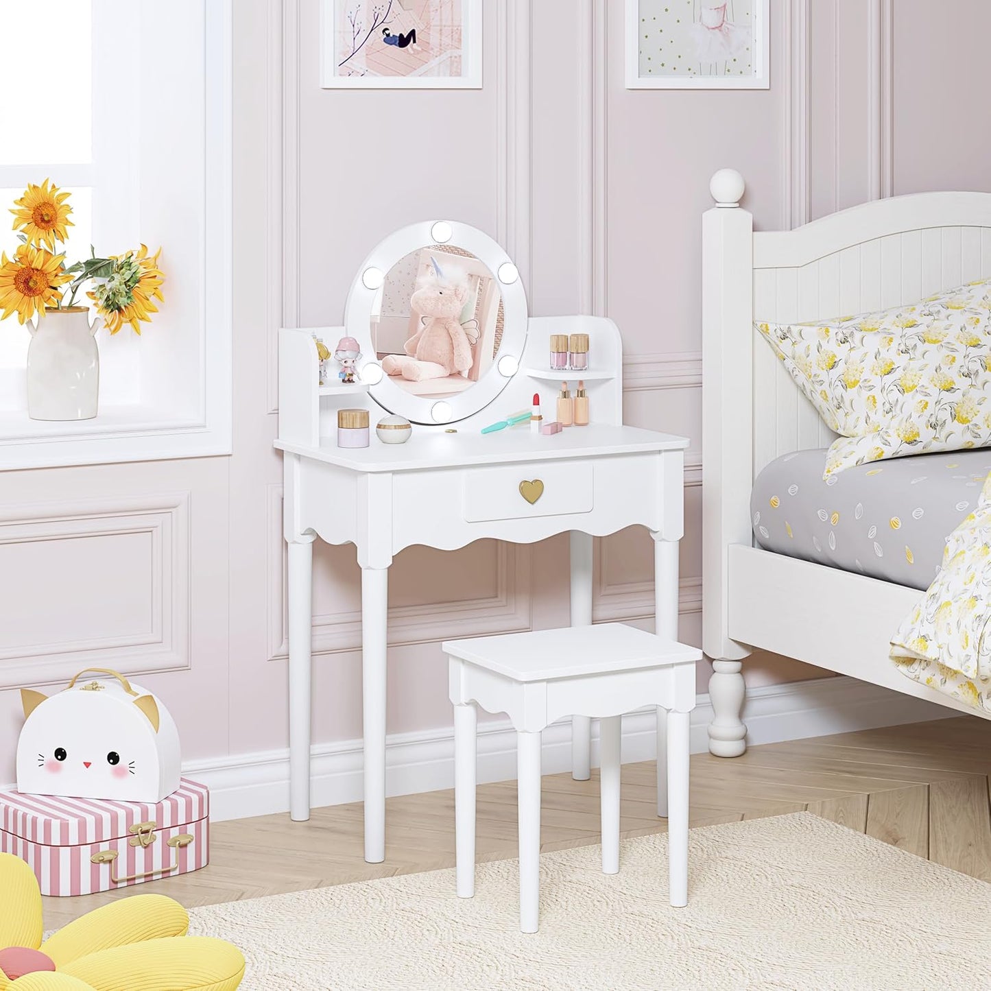 Kids Vanity, Girls Vanity Set with Mirror and Stool and Lights, Pretend Play Kids Vanity Table and Chair Set,Wooden Princess Makeup Desk Dressing Table, White