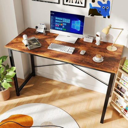 47 Inch Computer Desk for Home Office, Modern Writing Study Table Simple Modern Style for Bedroom Small Space, Large Work Desks with X-Shaped Reinforcement, Wood Brown