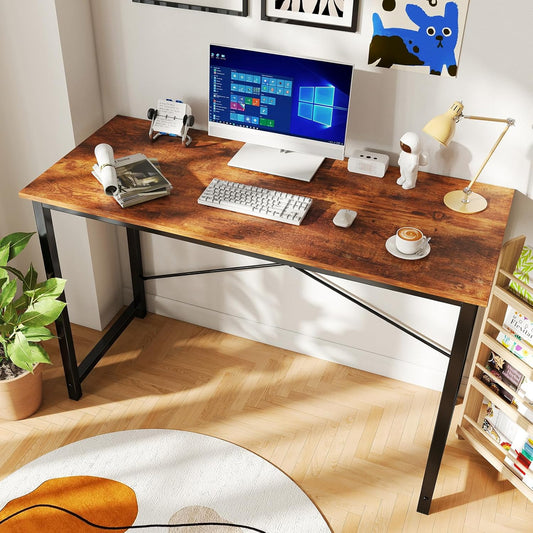 47 Inch Computer Desk for Home Office, Modern Writing Study Table Simple Modern Style for Bedroom Small Space, Large Work Desks with X-Shaped Reinforcement, Wood Brown