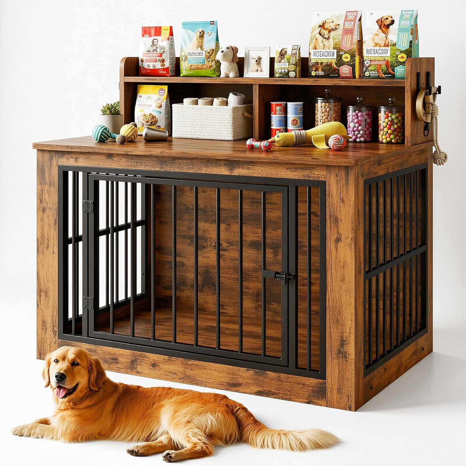 Extra Large Dog Crate Furniture, 43.3 Inches Wooden Dog Crate with Storage and 4 Hooks, Heavy Duty Pet Crate for Large Dog, Decorative Pet Cage for Indoor (30" L X 43.3" W X 41.1" H)
