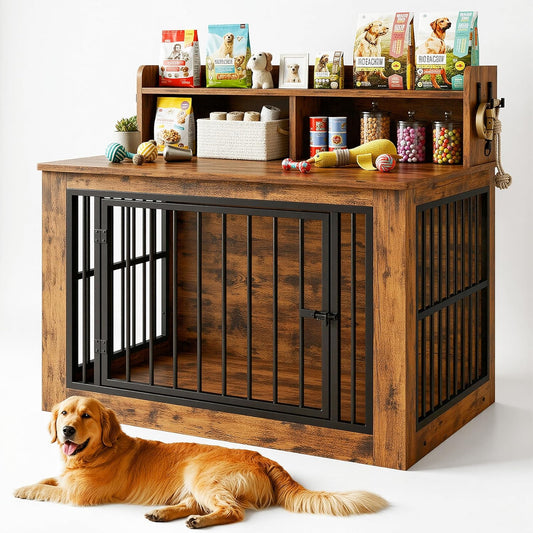 Extra Large Dog Crate Furniture, 43.3 Inches Wooden Dog Crate with Storage and 4 Hooks, Heavy Duty Pet Crate for Large Dog, Decorative Pet Cage for Indoor (30" L X 43.3" W X 41.1" H)
