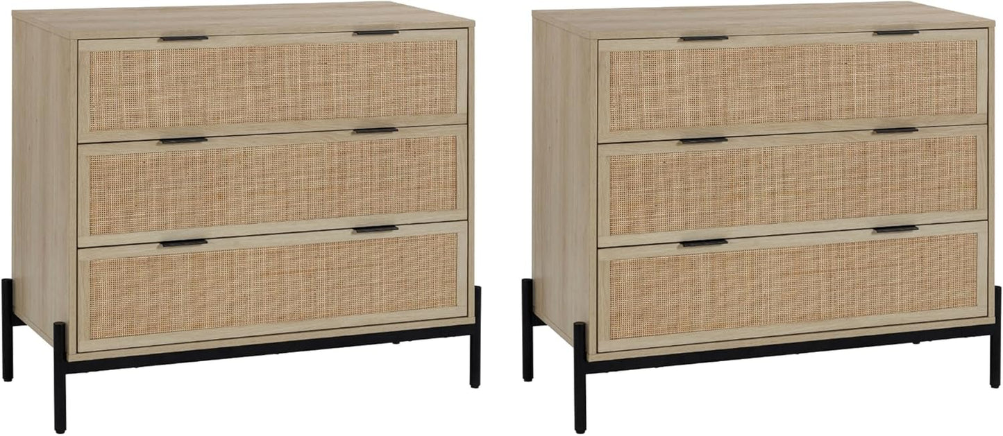 Andrew 3-Drawer Rattan Dresser or Bohemian Living Room Storage Cabinet with Natural Rattan Accent and Metal Legs, Light Oak/Black, Set of 2