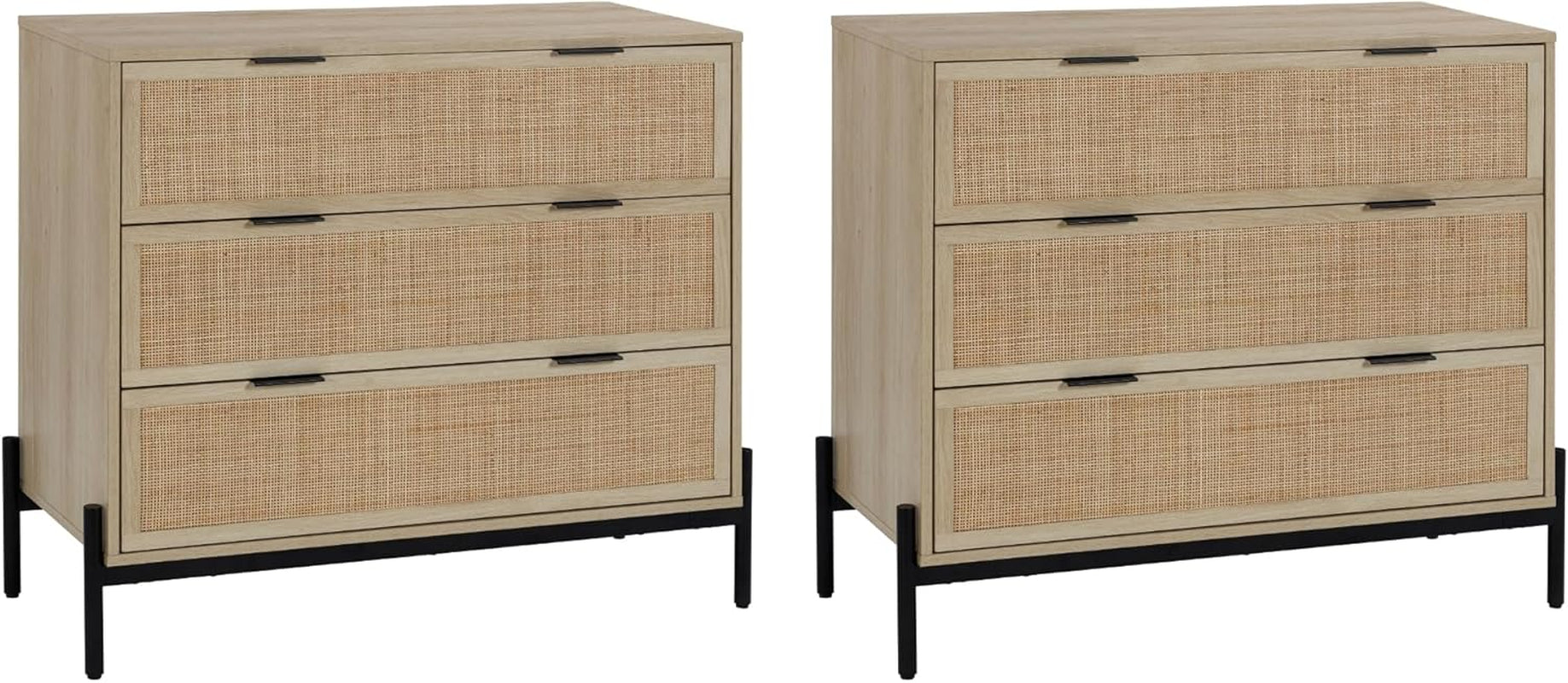 Andrew 3-Drawer Rattan Dresser or Bohemian Living Room Storage Cabinet with Natural Rattan Accent and Metal Legs, Light Oak/Black, Set of 2