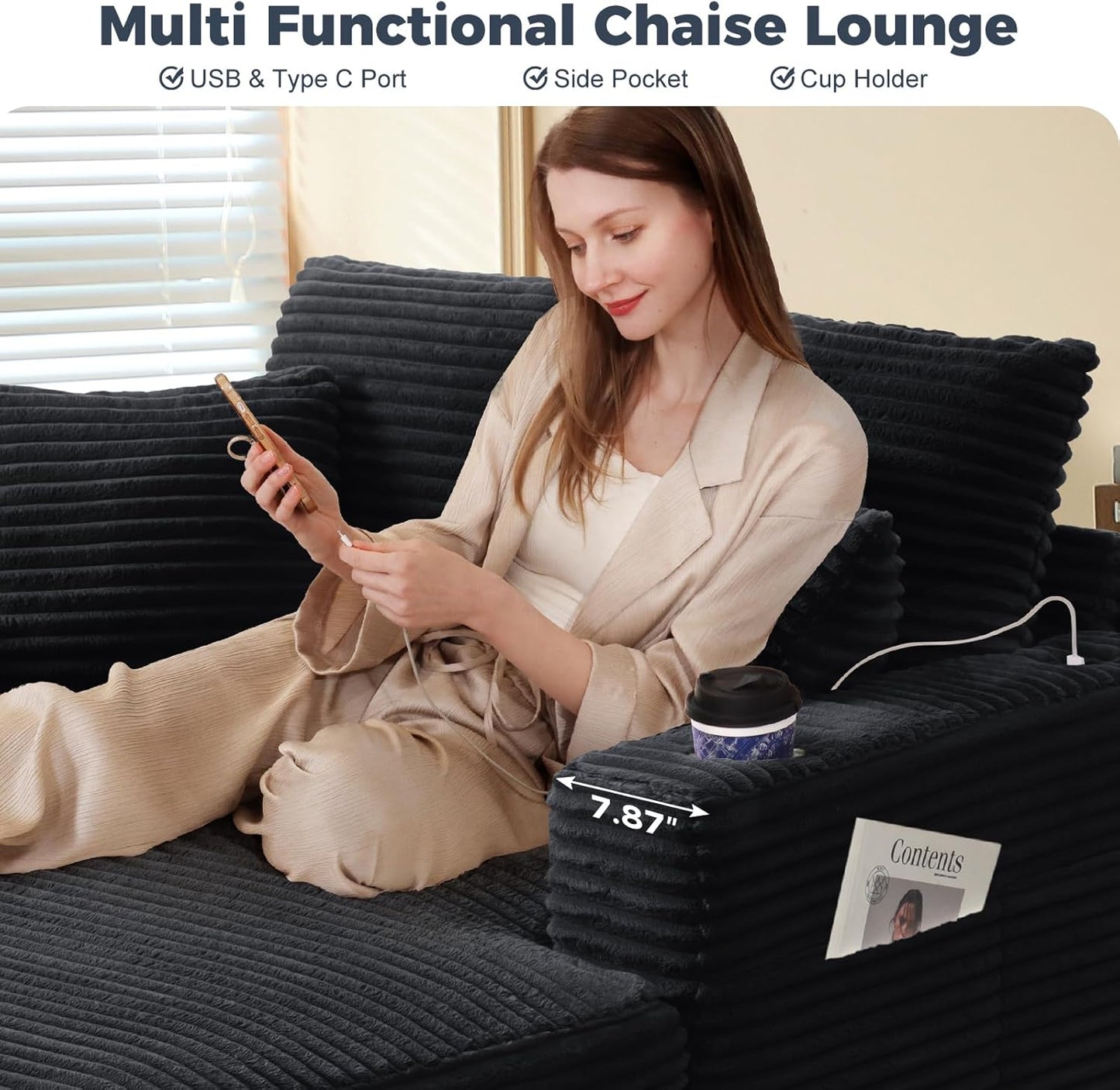 60'' Oversized Chaise Lounge Chair, Upholstered Sofa Bed, Sleeper Couch Reading Chairs with USB Port and Cup Holders,Comfy Cloud Sofas Couches for Living Room,Black