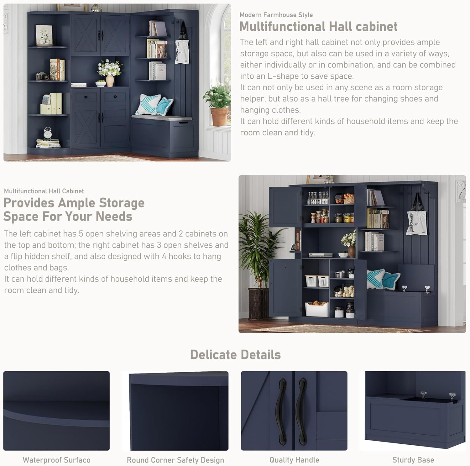 Hall Tree with Storage Cabinet, Hall Tree with 4 Hooks, Storage Cabinet for Living Room, Hallway, Enterway, Antique Blue