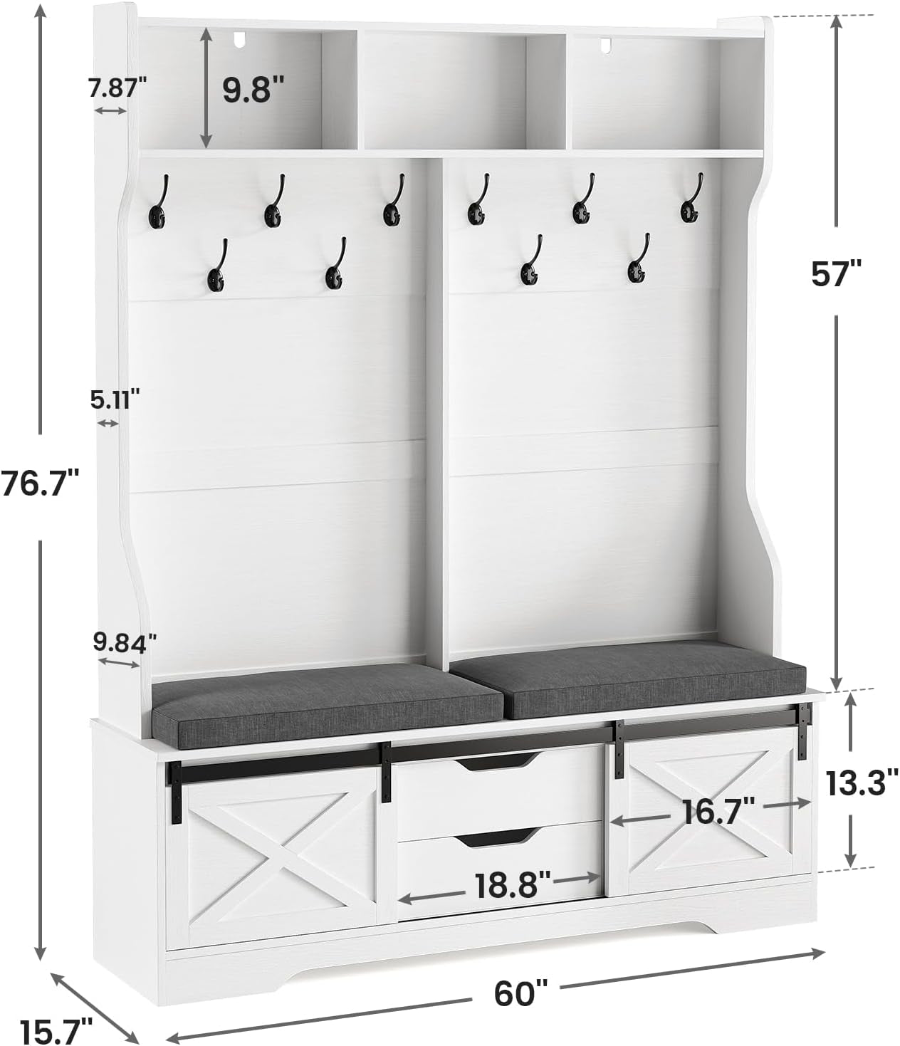 Hall Tree with Bench and Shoe Storage, Entryway Bench with Coat Rack, Modern Farm House Barn Door 3-In-1 Hall Tree with Storage Cushioned Stool and Hooks for Hallway, Living Room (60IN)