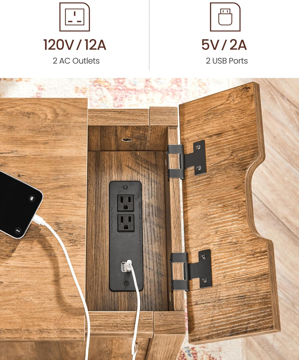Side Table with Storage, End Table with USB Ports and Outlets, Nightstand with Charging Station, Drawer, Storage Cabinet, Magazine Rack, for Living Room, Bedroom, Rustic Walnut ULET312T41