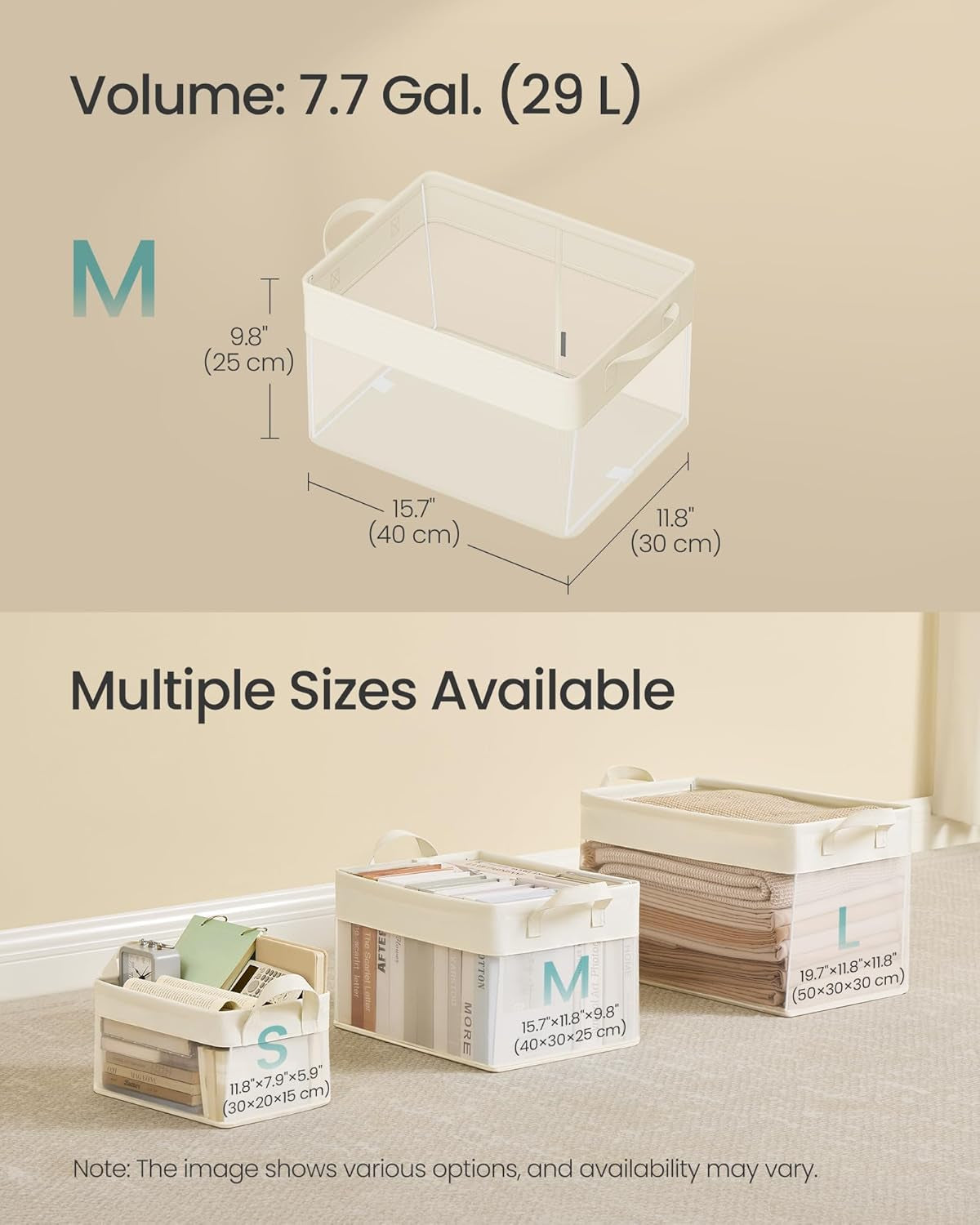 Closetorganizers Set of 3, Medium Fabric Storage Baskets, Foldable Organizer with Transparent Nylon Mesh, 15.7 X 11.8 X 9.8 Inches, Handles, for Bedroom, Living Room, Cream White URFB940W01
