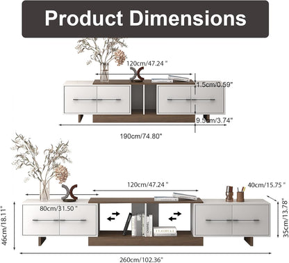 Extendable TV Stand, Modern TV Console for up to 120 Inch TV, Entertainment Center with 4 Large Drawers & Open Shelf, Media Console for Living Room - White & Walnut (Extendable 74.80"-102.36")
