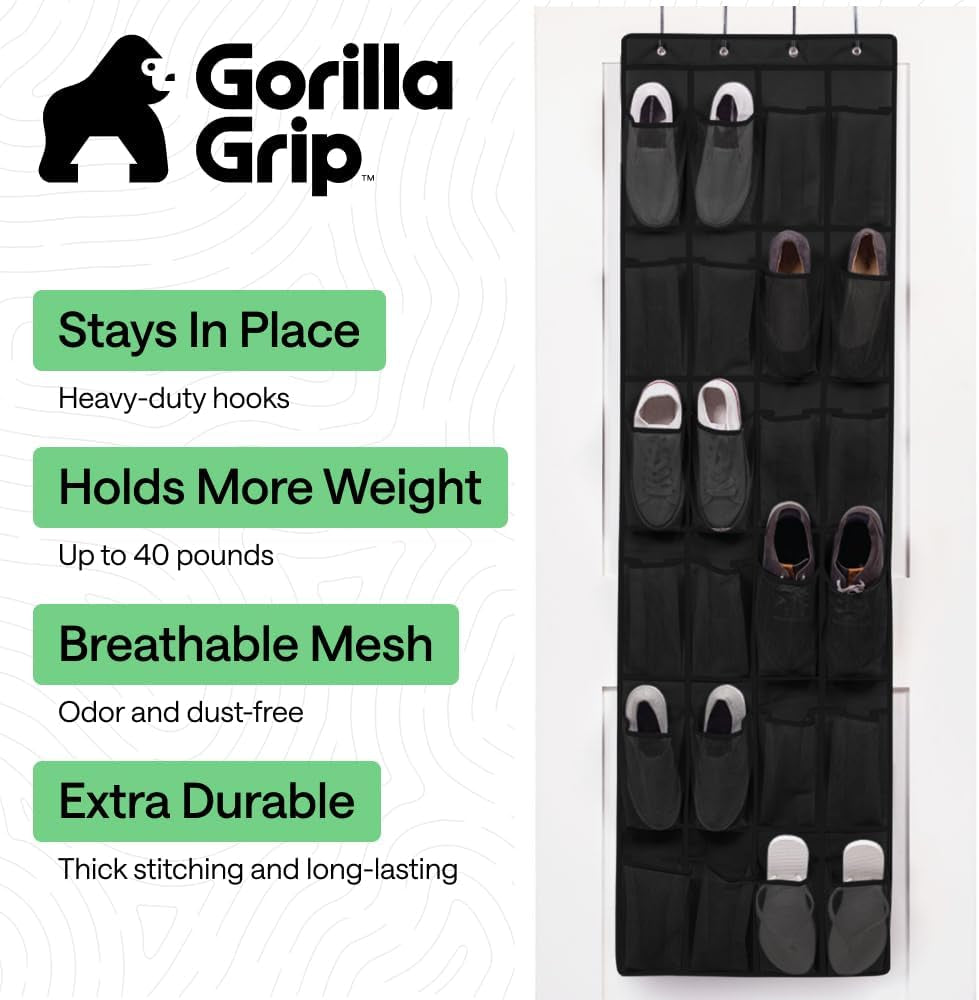over the Door Shoe Organizer, 24 Large Breathable Mesh Pockets, Space Saving Hanging Storage Holder, Closet Rack Hanger Holds up to 40 Lbs, Hangs on Closets for Shoes, Accessories, Black