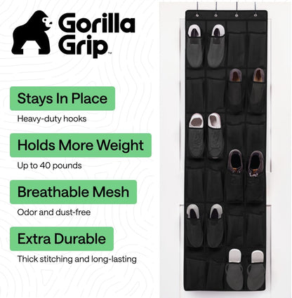 over the Door Shoe Organizer, 24 Large Breathable Mesh Pockets, Space Saving Hanging Storage Holder, Closet Rack Hanger Holds up to 40 Lbs, Hangs on Closets for Shoes, Accessories, Black