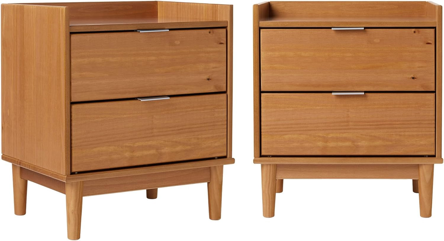 Mid-Century Modern 2-Drawer Solid Wood Nightstand, 20 Inch, Set of 2, Caramel