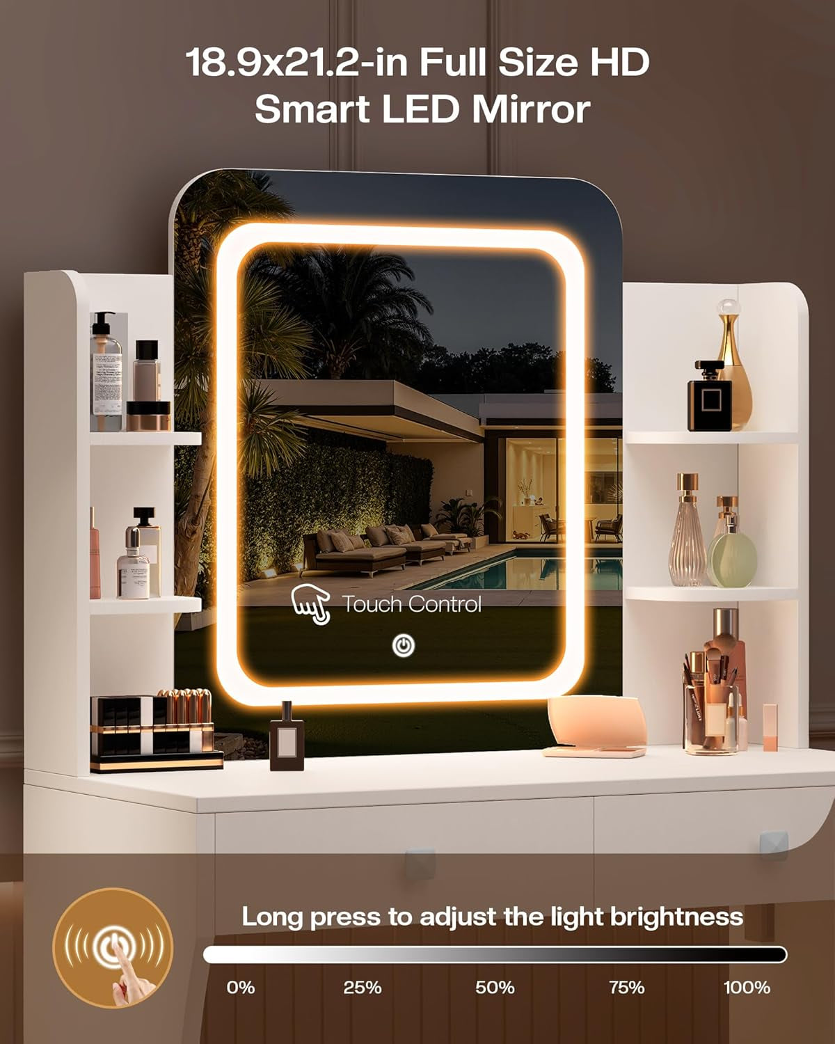 Small Makeup Vanity Desk, 29.5" W X 15.8" D X 51.2" H, White (Smart LED Mirror, Hairdryer Rack, Power-Outlet, 5 Shelves, 2 Drawers)