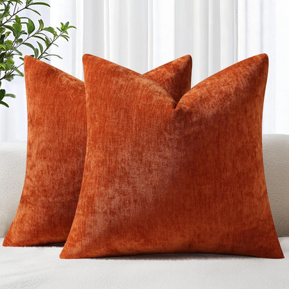 Chenille Rust Fall Throw Pillow Covers 20X20 Inch Set of 2, Decorative Soft Couch Pillow Covers Solid Dyed Accent Farmhouse Neutral Square Pillow Cases for Sofa Bed Living Room