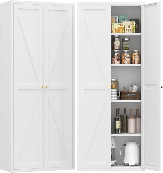71" H Kitchen Pantry Storage Cabinet, Metal Food Pantry Cabinets with Doors and Adjustable Shelves, White Kitchen Storage Cabinet, Cupboard for Dining Room, Living Room and Bathroom