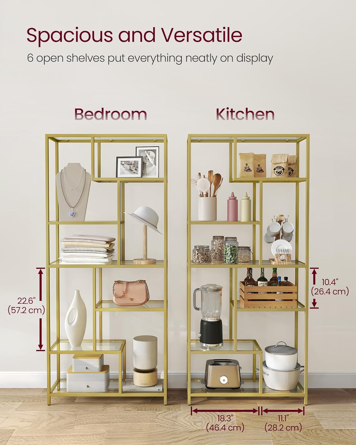 Bookcase, 4-Tier Bookshelf, Freestanding Shelf, 11.8 X 39.4 X 40.6 Inches, Storage Shelf, for Living Room, Office, Bedroom, Kitchen, Transparent and Pale Gold ULGT509A01