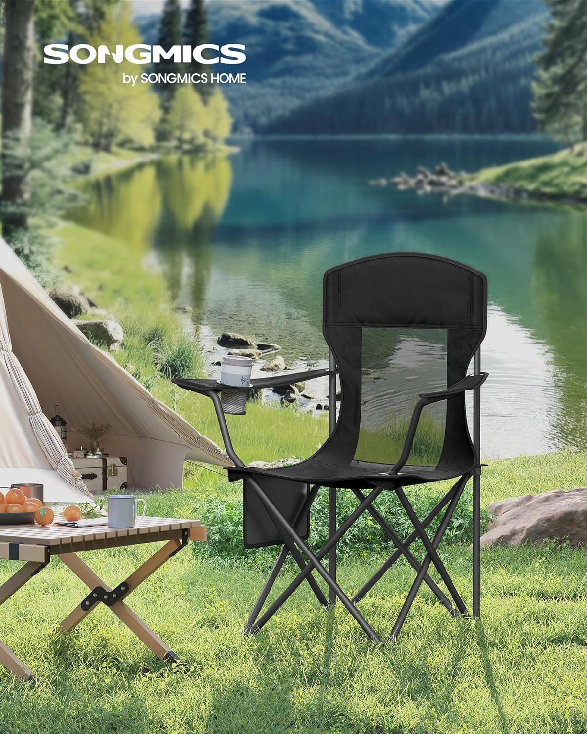 Breathable Camping Chairs, Foldable Outdoor Chairs Set of 2, High Back, Adjustable Armrests, Drink Holder, Weight Capacity 330 Lb, for Sports Garden Backyard, Ink Black UGCB028B02