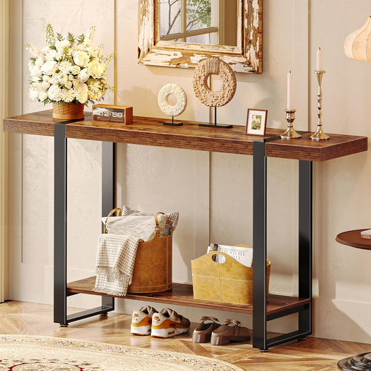 47.2 Inch Entryway Table, 2-Tier Industrial Console Sofa Table, Accent Table with Storage, for Entry, Hallway, Entrance, Foyer, T-Shaped Metal Frame, Rustic Brown