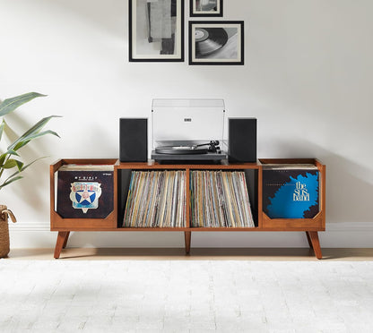 Asheville Mid-Century Modern Media Console Record Player Stand, Storage for Vinyl Records, Walnut