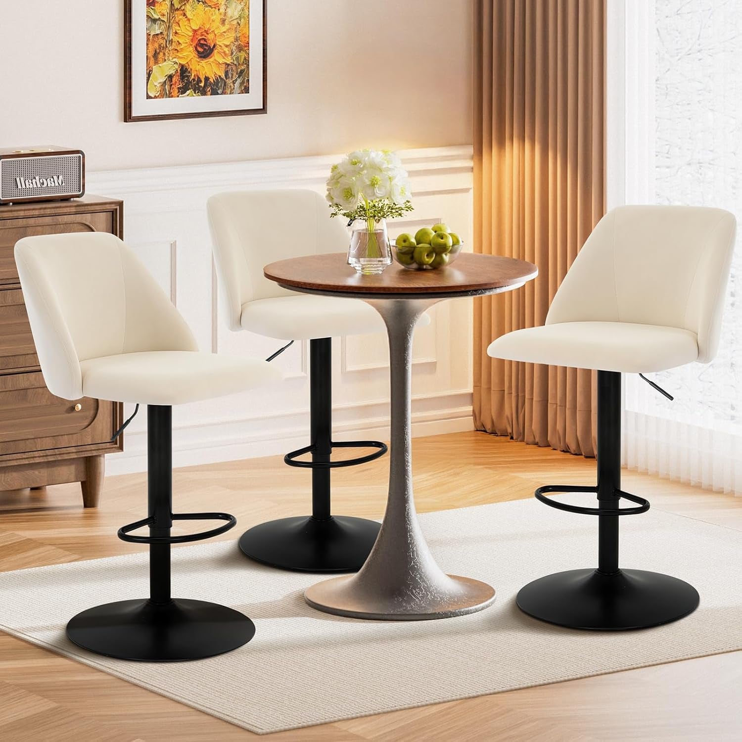 Bar Stools Set of 3, Modern Swivel Bar Chairs, Adjustable Upholstered Barstools Counter Height with Full Backrest for Bar, Dining Room, Kitchen Island, Beige