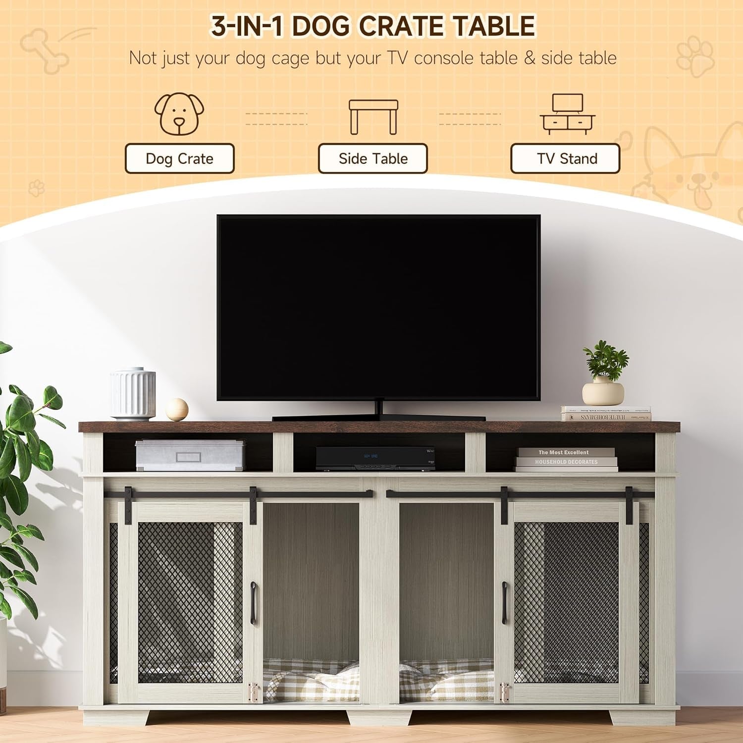 71" Dog Crate Furniture for 2 Dogs, Dog Kennel with 3 Storage Drawers & Removable Divider, Extra Large Double Dog Cage as TV Stand, Furniture Style Dog Crates with Sliding Barn Door