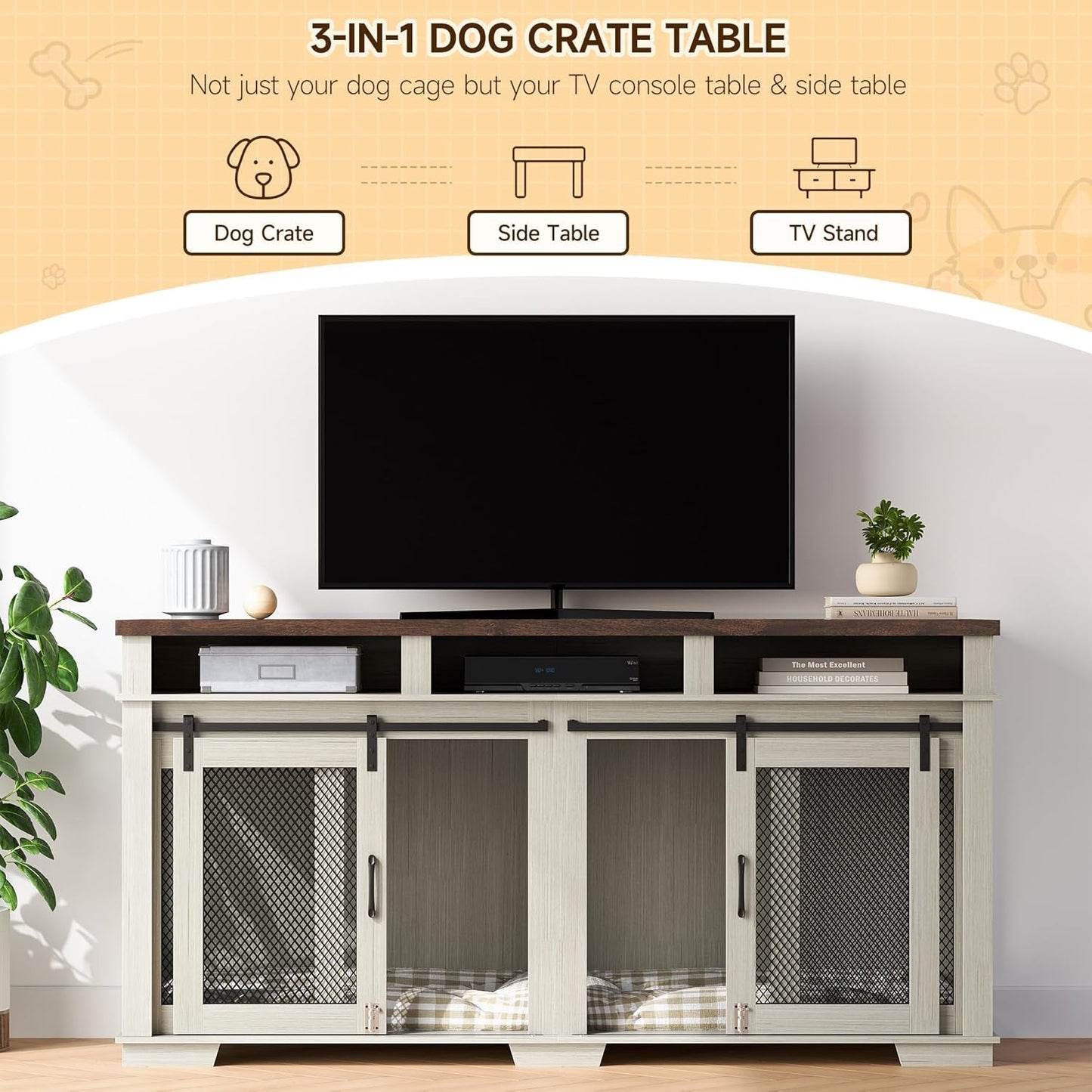 71" Dog Crate Furniture for 2 Dogs, Dog Kennel with 3 Storage Drawers & Removable Divider, Extra Large Double Dog Cage as TV Stand, Furniture Style Dog Crates with Sliding Barn Door, Light Oak/White